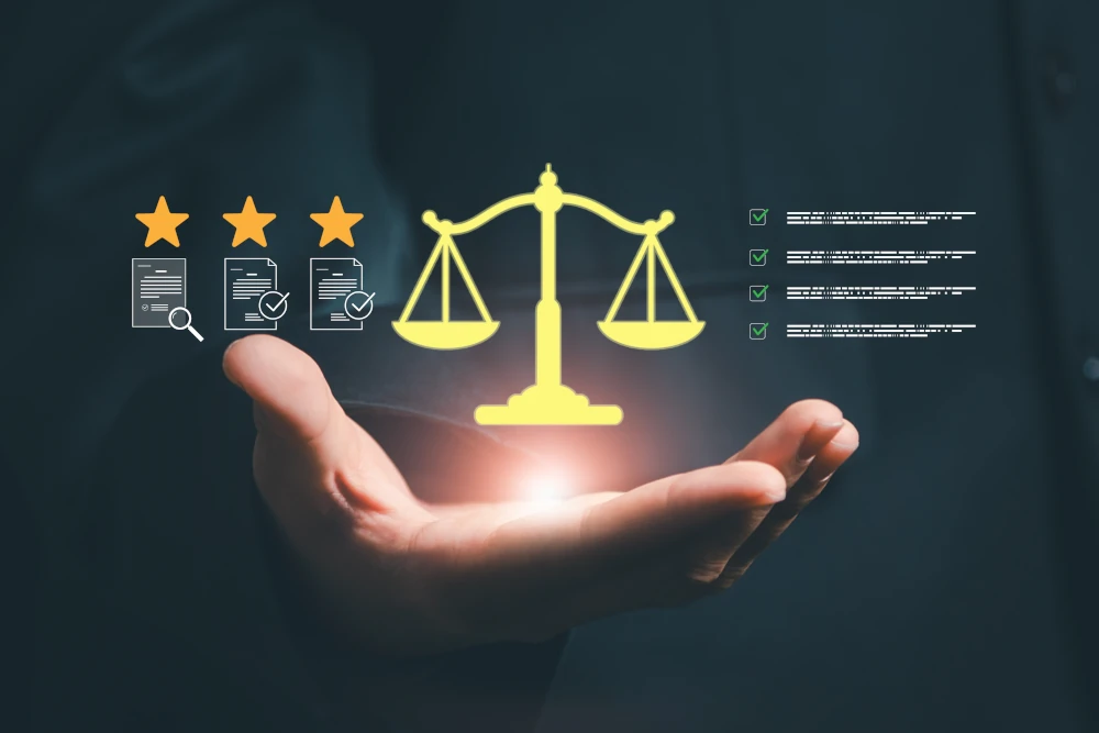 Hand hält Justitia-Waage mit Sterne-Bewertungen und Checkliste – Löschung von Bewertungen als Rechtsdienstleistung, nicht für Agenturen